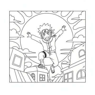 Naruto hoppar mellan hustak i solnedgång