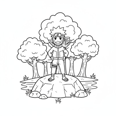 Naruto står på en sten i skogen