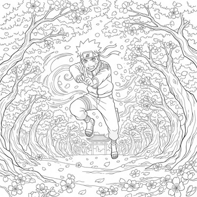 Naruto springer genom blommande körsbärsträd