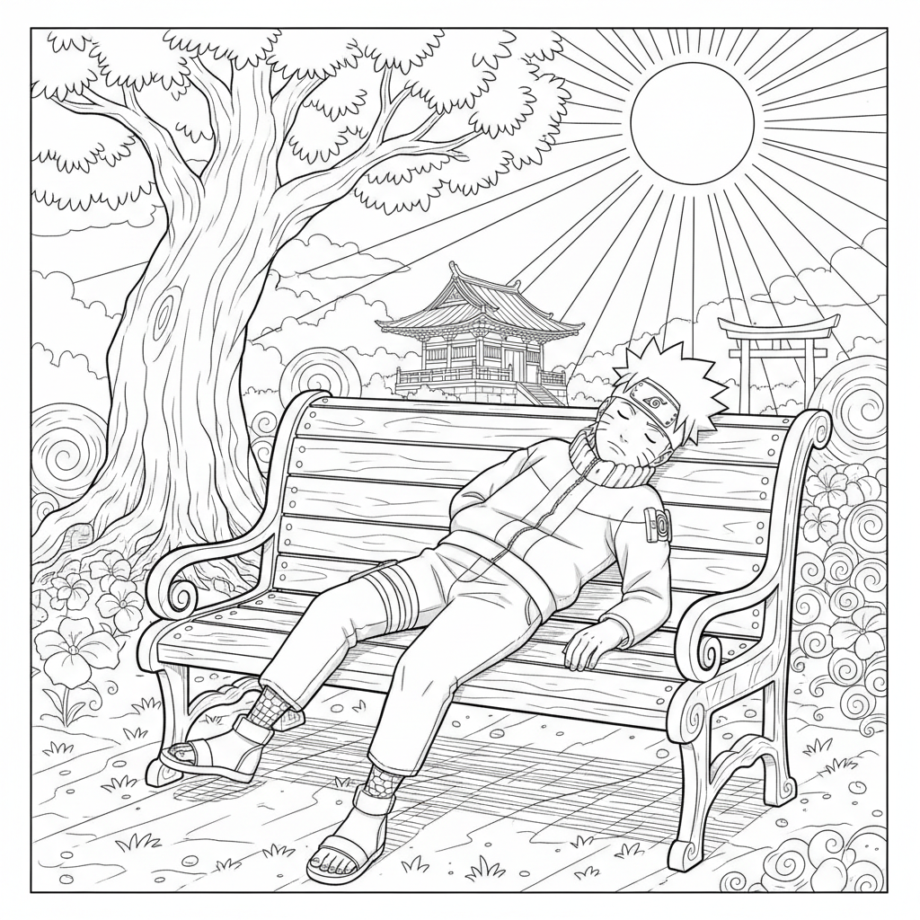 Naruto sover på en bänk i solen