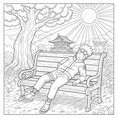 Naruto sover på en bänk i solen