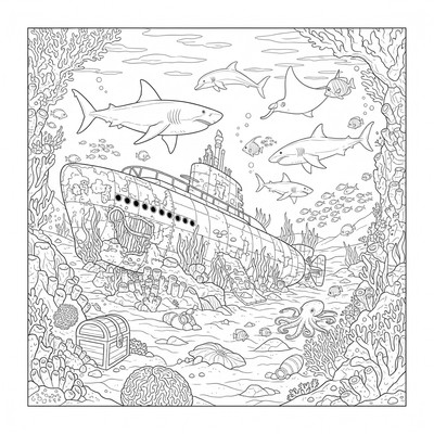 Haj i undervattenscen med vrak, koraller och andra fiskar