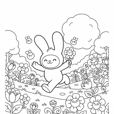 Labubu springer genom en blomsteräng