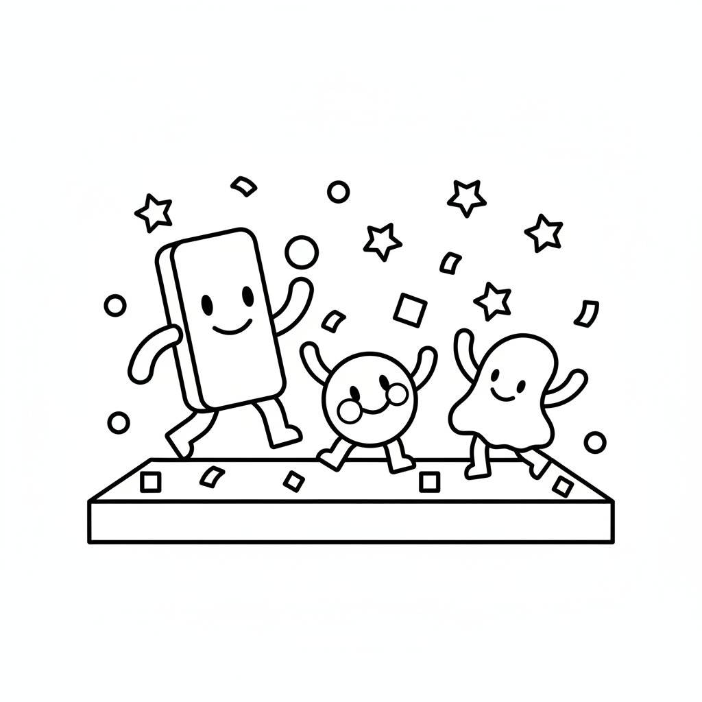 Rainbow Friends dansar på en scen med konfetti