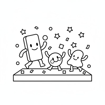 Rainbow Friends dansar på en scen med konfetti