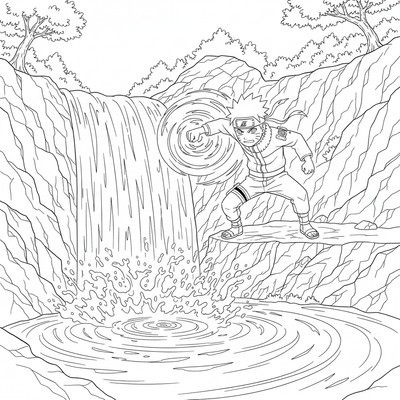 Naruto tränar vid en vattenfallskant