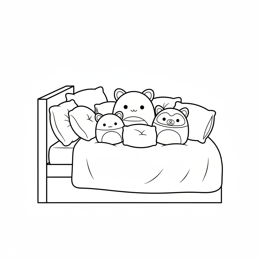 Squishmallows sitter på en säng med kuddar