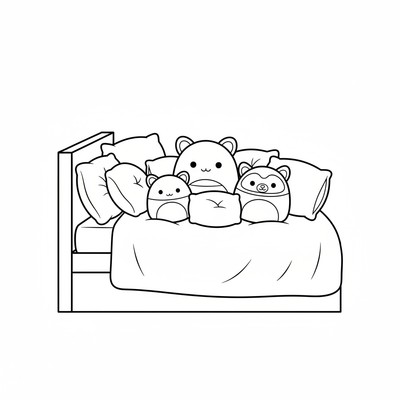 Squishmallows sitter på en säng med kuddar