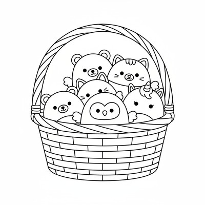 Squishmallows ligger i en stor korg