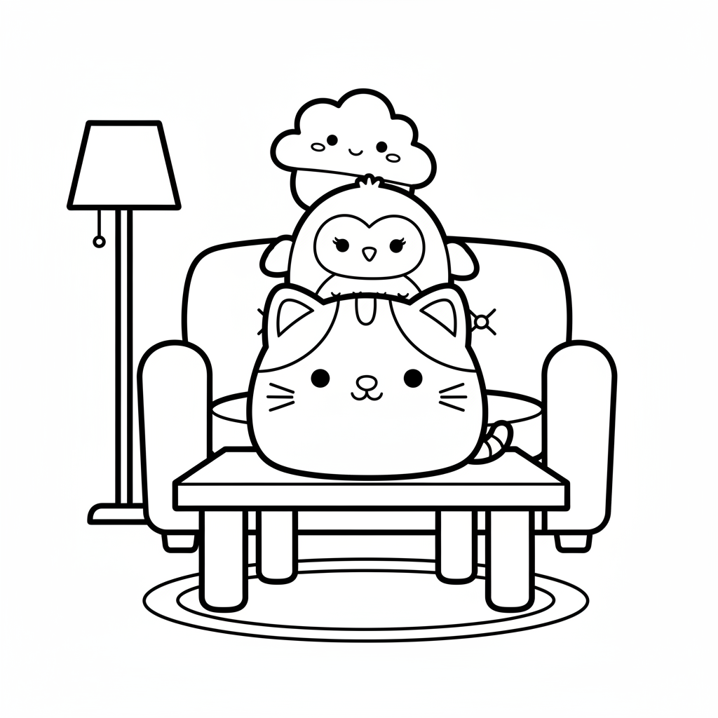 Squishmallows staplas på ett bord i vardagsrummet