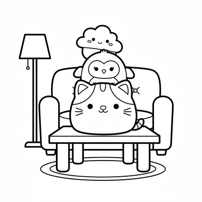 Squishmallows staplas på ett bord i vardagsrummet