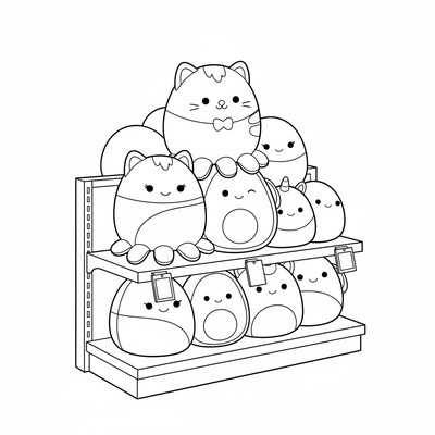 Squishmallows staplas i en affärshylla