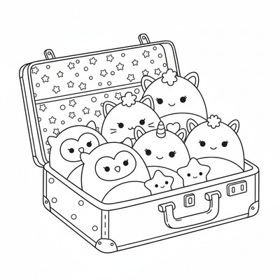 Squishmallows ligger i en resväska
