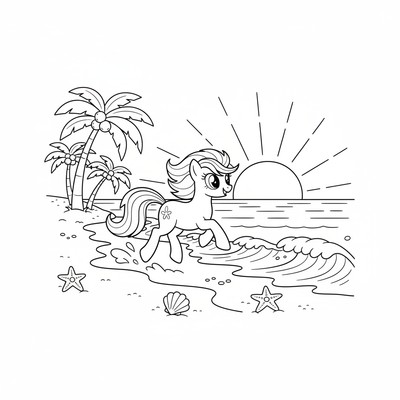 My Little Pony springer på stranden i solnedgång