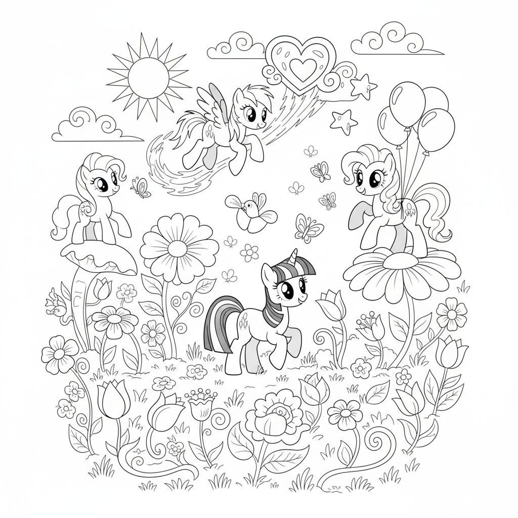 My Little Pony leker i en blomsteräng
