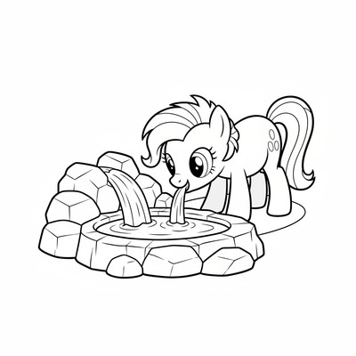My Little Pony dricker vatten vid en källa