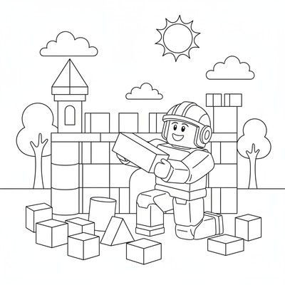 Roblox figur bygger en borg av block