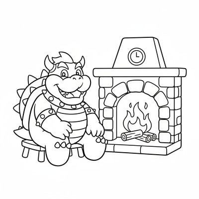 Bowser sitter vid en eldstad