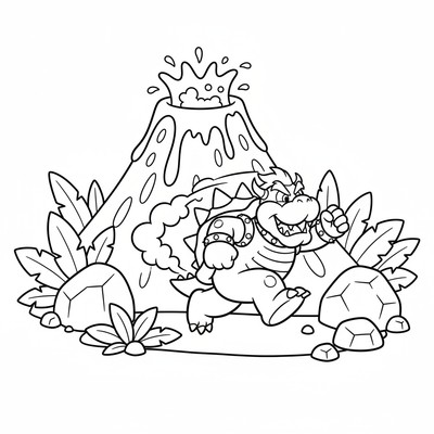 Bowser springer genom en vulkan