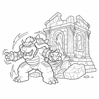 Bowser står framför en tempelruin