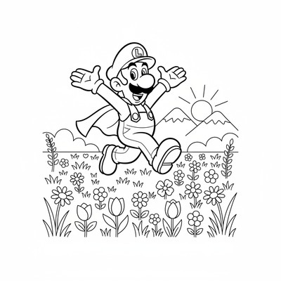 Luigi springer på en äng med blommor