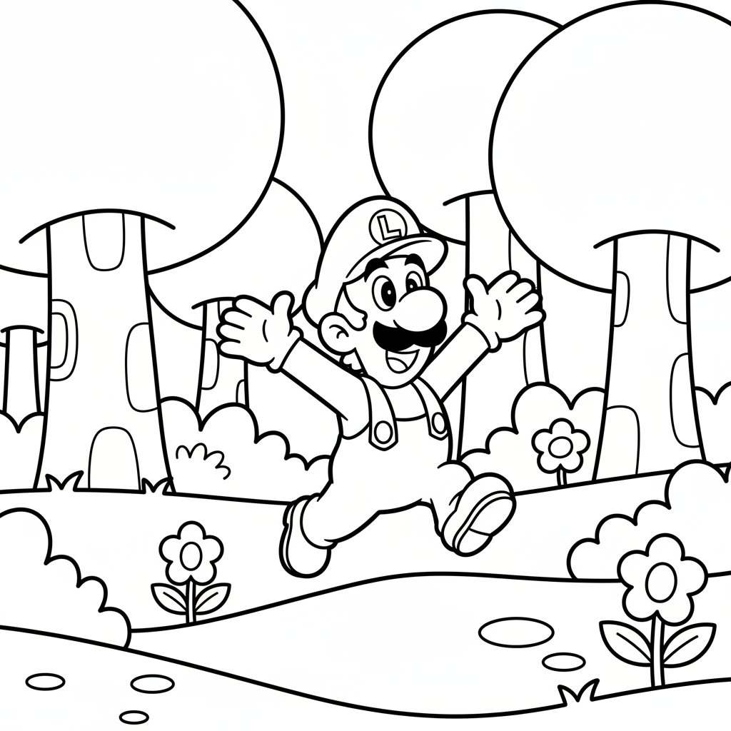 Luigi springer genom en skog