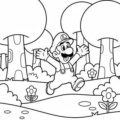 Luigi springer genom en skog