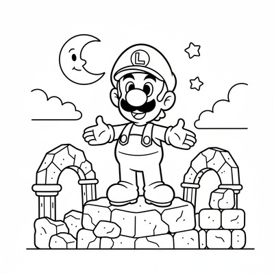 Luigi står på en ruin i kvällsljus