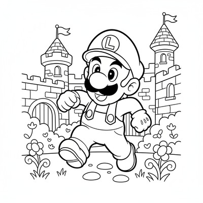 Luigi springer genom en borggård