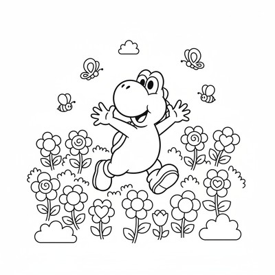 Yoshi springer genom en blomsteräng
