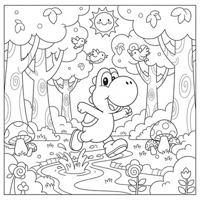 Yoshi springer genom en skog