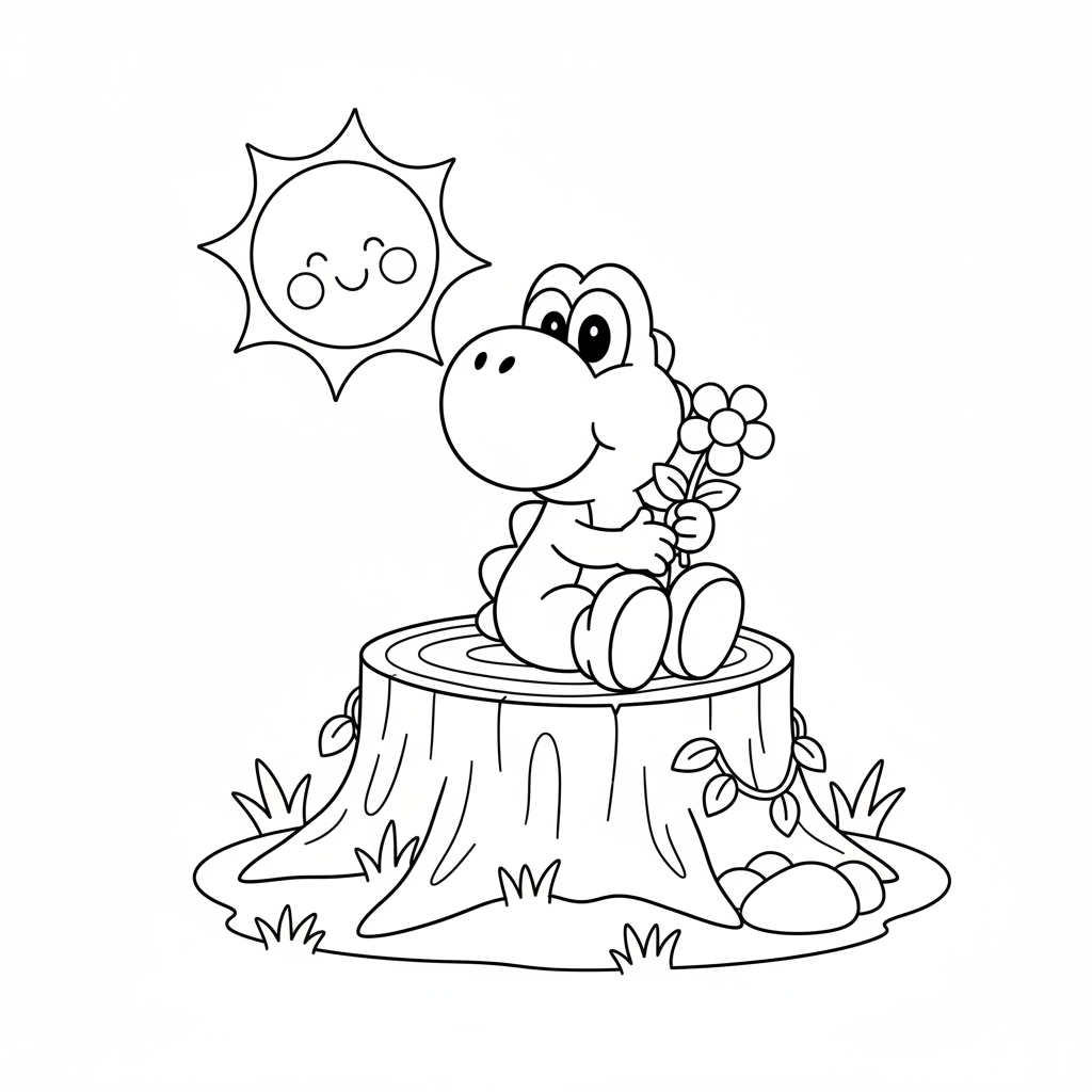 Yoshi sitter på en stubbe i solen