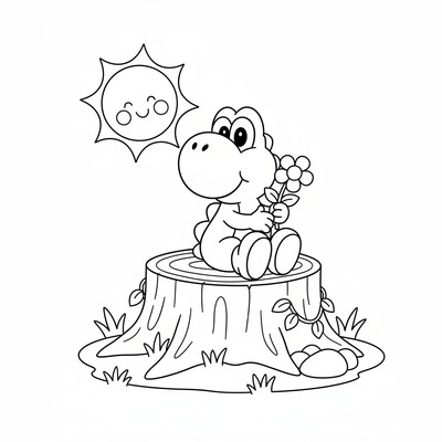 Yoshi sitter på en stubbe i solen