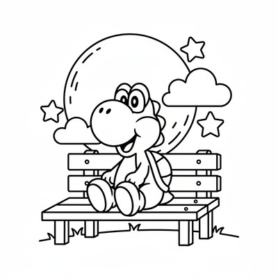 Yoshi sitter på en bänk i kvällsljus