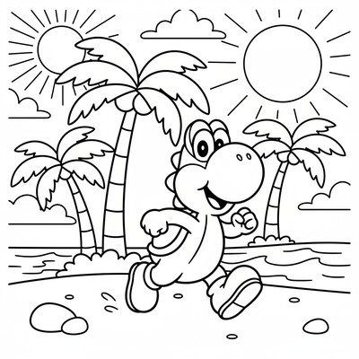 Yoshi springer på en strand