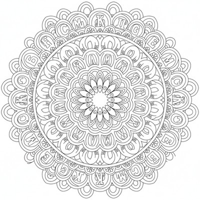 Mandala fylld av bokstäver i cirklar