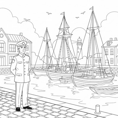 Polis står vid en hamn med båtar