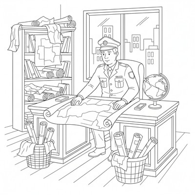 Polis sitter i ett kontor med kartor