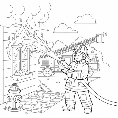 Brandman släcker eld vid en husvägg