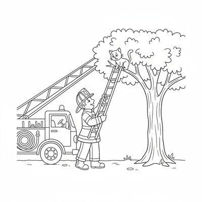 Brandman hjälper en katt ner från träd