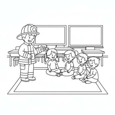 Brandman pratar med barn i en skola