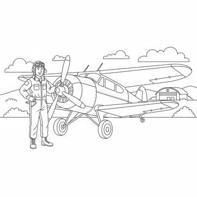 Pilot står vid ett propellerplan