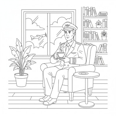 Pilot tar en kopp kaffe i loungen