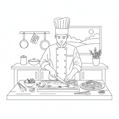 Kock filéar en lax på bordet