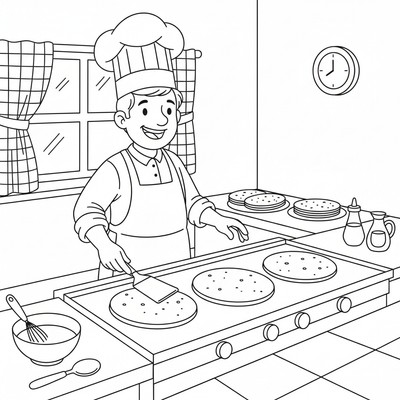 Kock steker pannkakor på rad