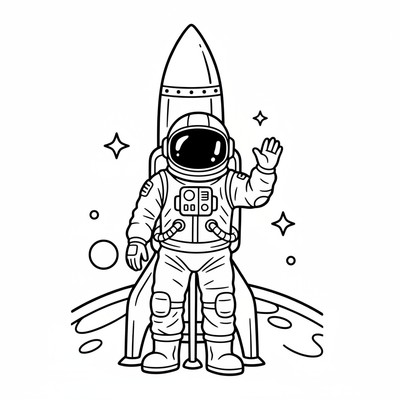 Astronaut står framför en raket