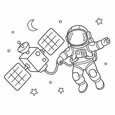 Astronaut svävar bredvid satellit