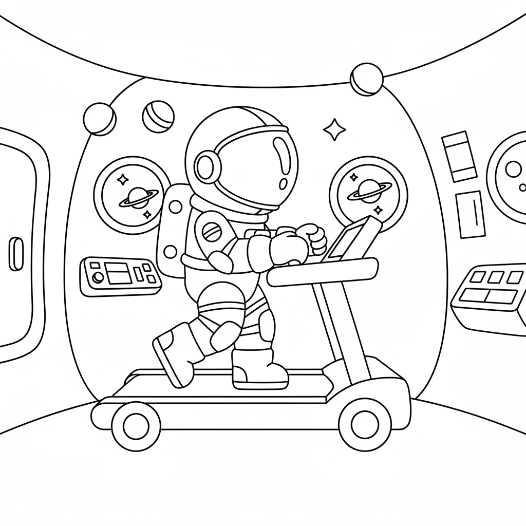 Astronaut tränar på löpband i skeppet