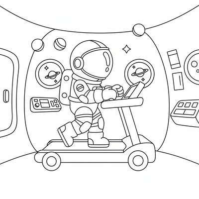 Astronaut tränar på löpband i skeppet