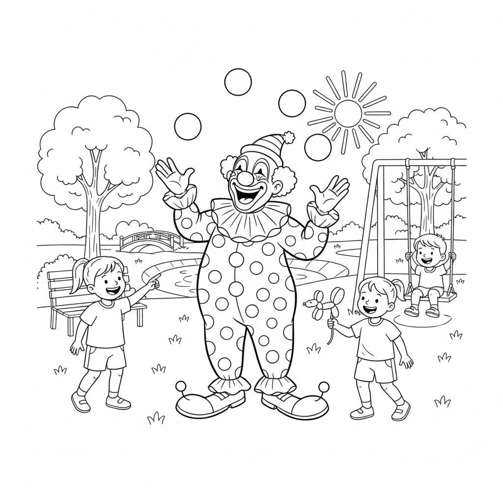Clown skrattar med barn i parken
